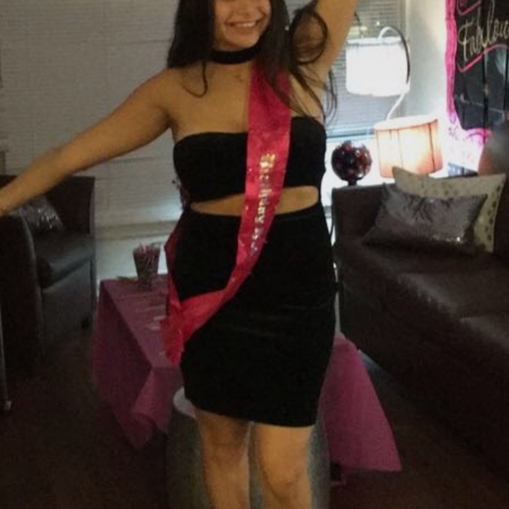 Black velvet cut out strapless mini with choker